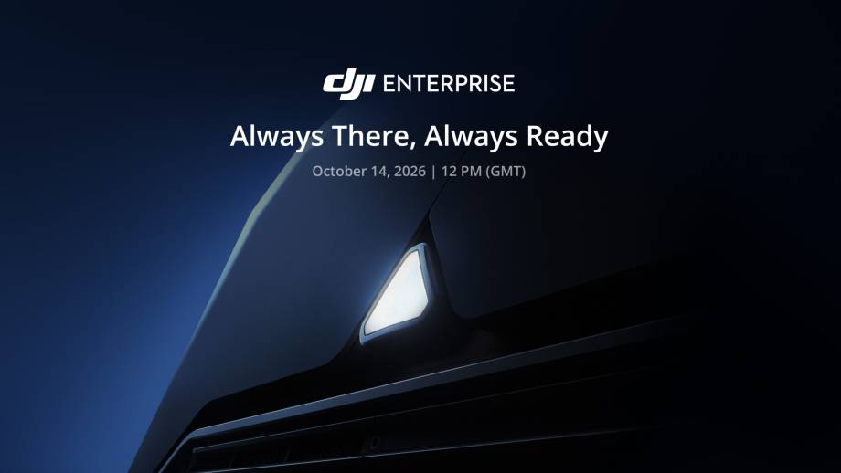 Morgen beginnt etwas Großes: DJI Enterprise Teaser mit dunklen Konturen, leuchtendem Detail und Ankündigung am 14. Oktober 2026.