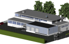 BIM-Modell des untersuchten Bürogebäudes mit Hallenanbau und vereinfacht dargestelltem Grundstücksumfeld.