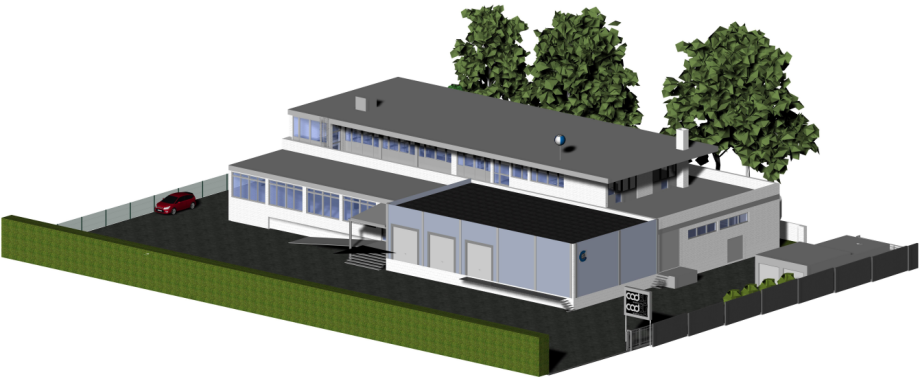 BIM-Modell des untersuchten Bürogebäudes mit Hallenanbau und vereinfacht dargestelltem Grundstücksumfeld.