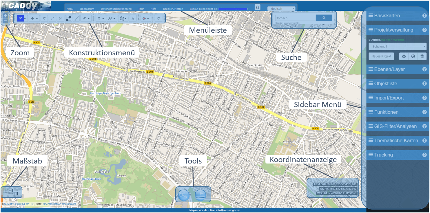 WebCADdy CAD- und GIS-Software mit zentraler Karten- und Projektansicht