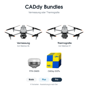 CADdy Bundles im Überblick: DJI Matrice 4E für Vermessung und Matrice 4T für Thermografie, GNSS-Empfänger und GCPs; Varianten Basis, Plus und Pro.