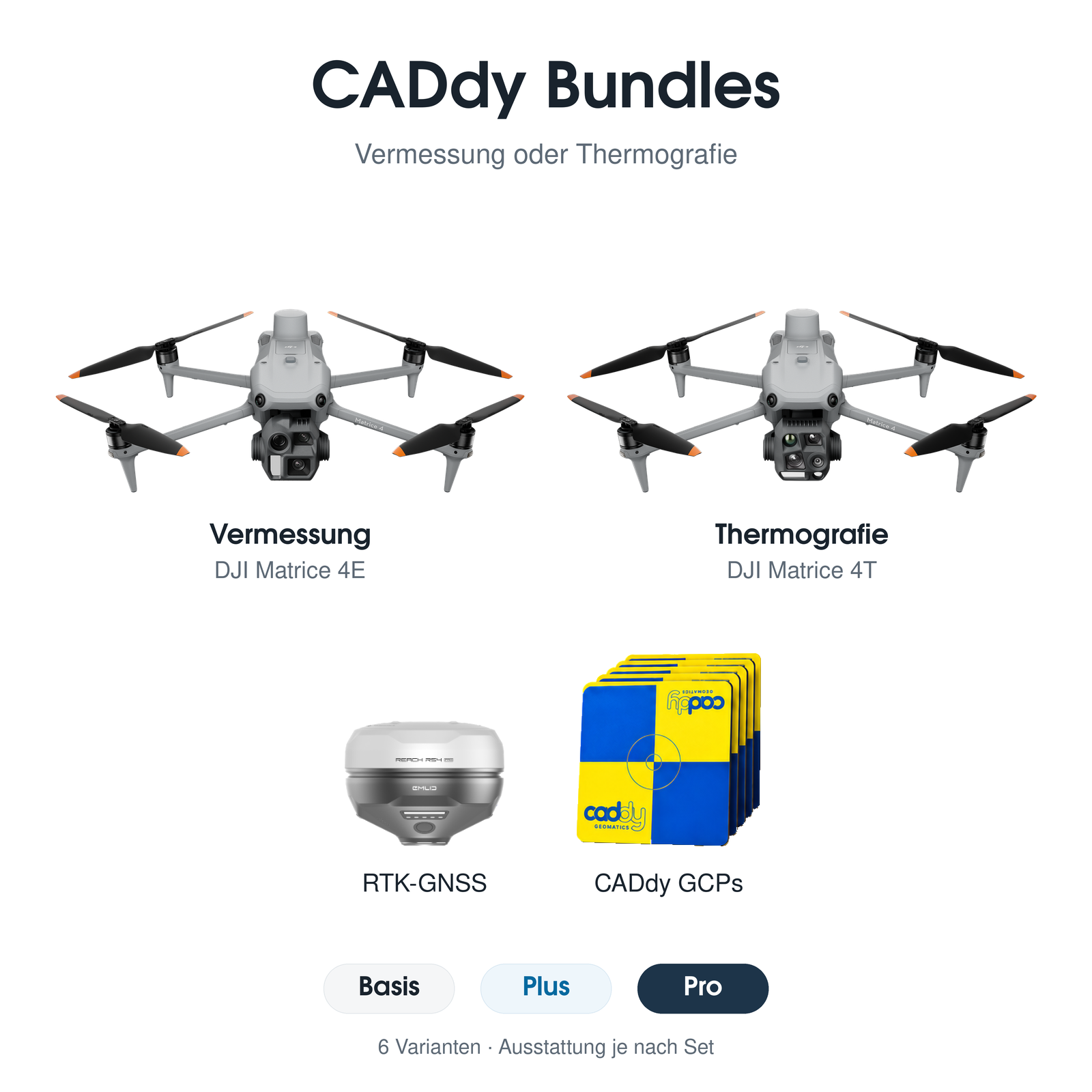 CADdy Bundles im Überblick: DJI Matrice 4E für Vermessung und Matrice 4T für Thermografie, GNSS-Empfänger und GCPs; Varianten Basis, Plus und Pro.