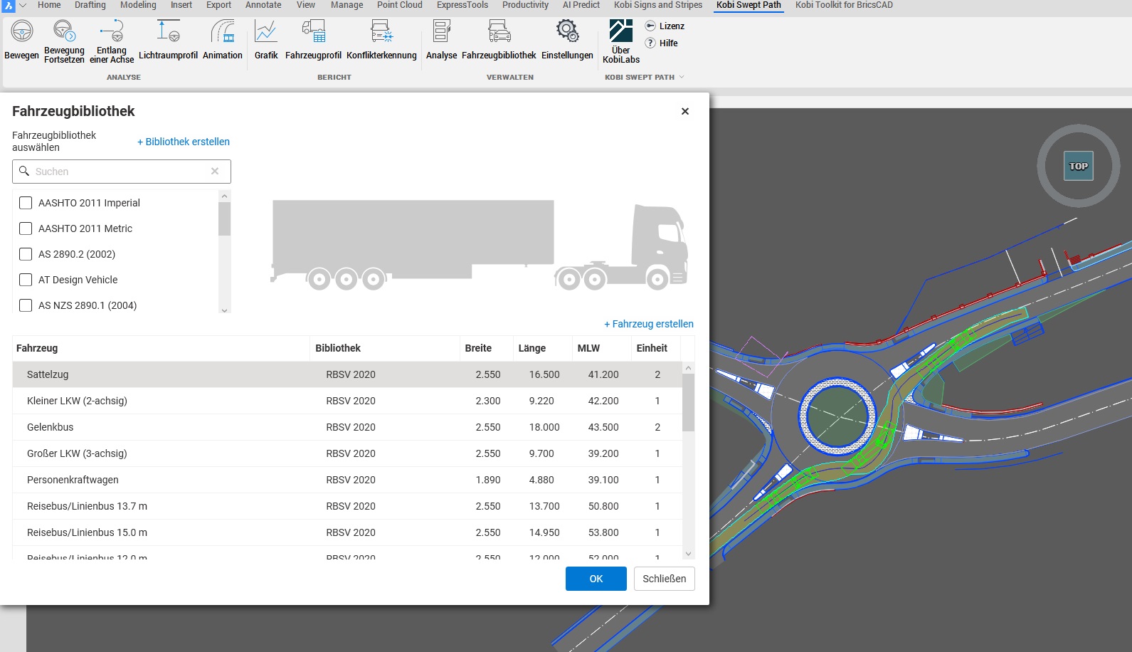 Deutsche Fahrzeugbibliothek in Kobi Swept Path für BricsCAD
