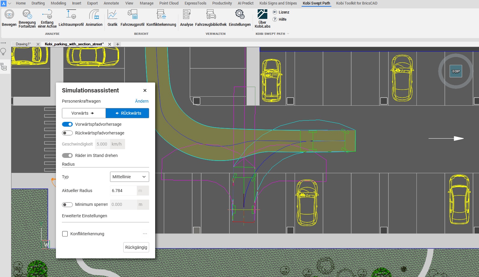Schleppkurvenanalyse mit Kobi Swept Path in BricsCAD