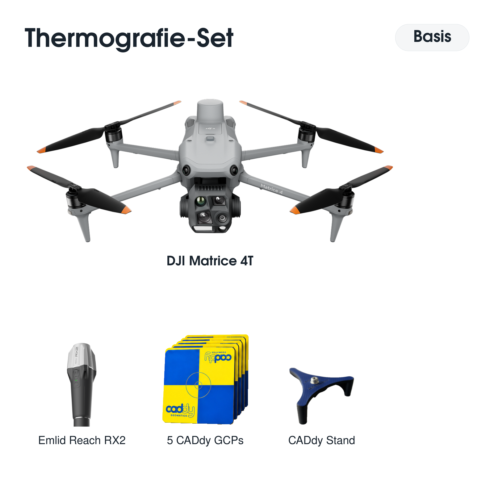 Thermografie-Set Basis mit DJI Matrice 4T, Emlid Reach RX2, CADdy Stand und fünf CADdy-GCPs.