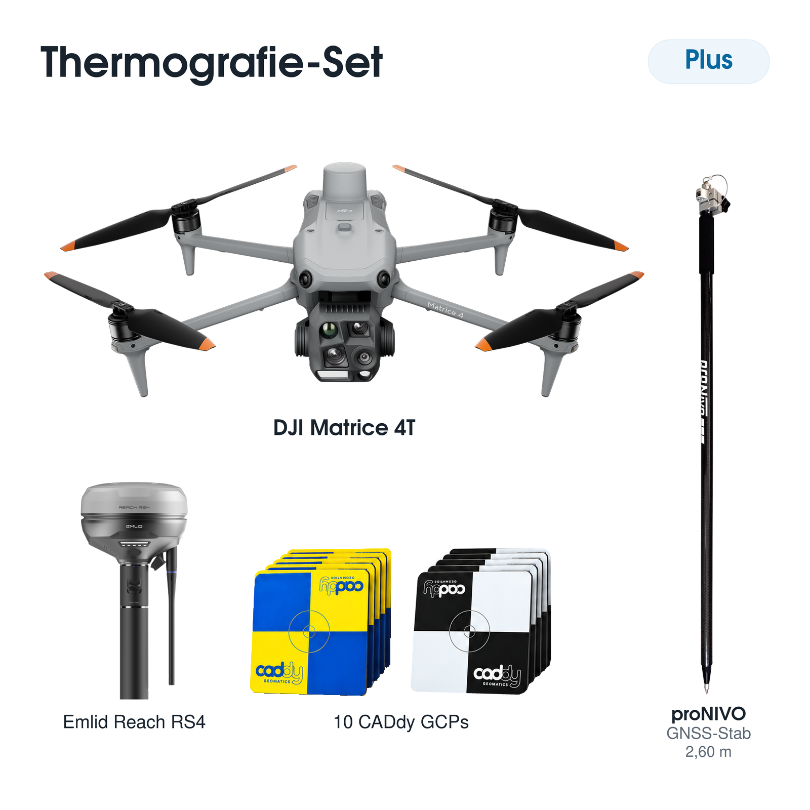 Thermografie-Set Plus mit DJI Matrice 4T, Emlid Reach RS4, proNIVO-GNSS-Stab und zehn CADdy-GCPs.