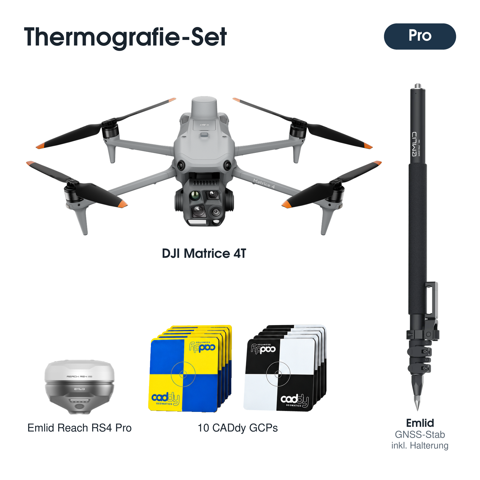 Thermografie-Set Pro mit DJI Matrice 4T, Emlid Reach RS4 Pro, Emlid-GNSS-Stab und zehn CADdy-GCPs.