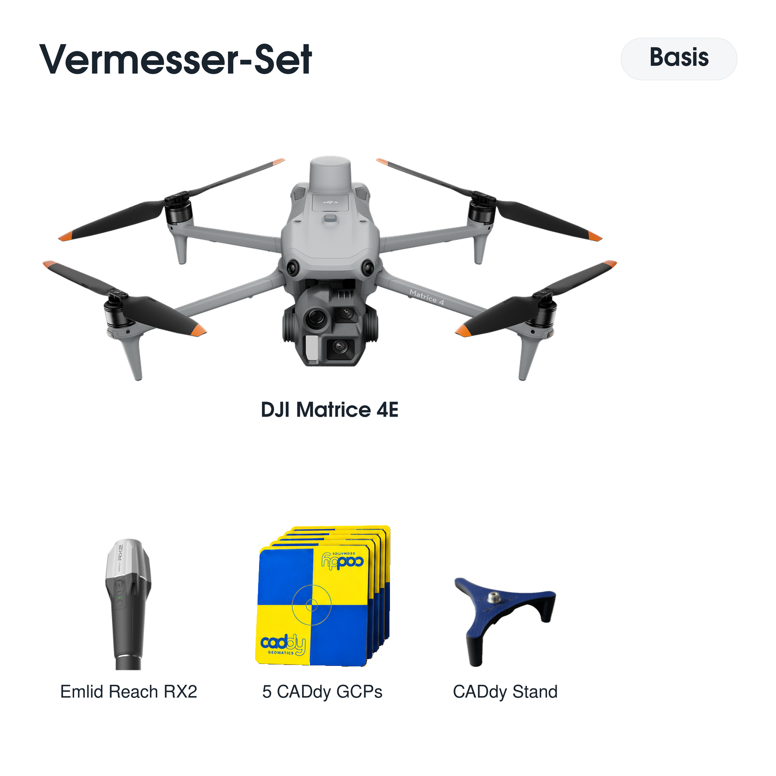 Vermesser-Set Basis mit DJI Matrice 4E, Emlid Reach RX2, CADdy Stand und fünf CADdy-GCPs.