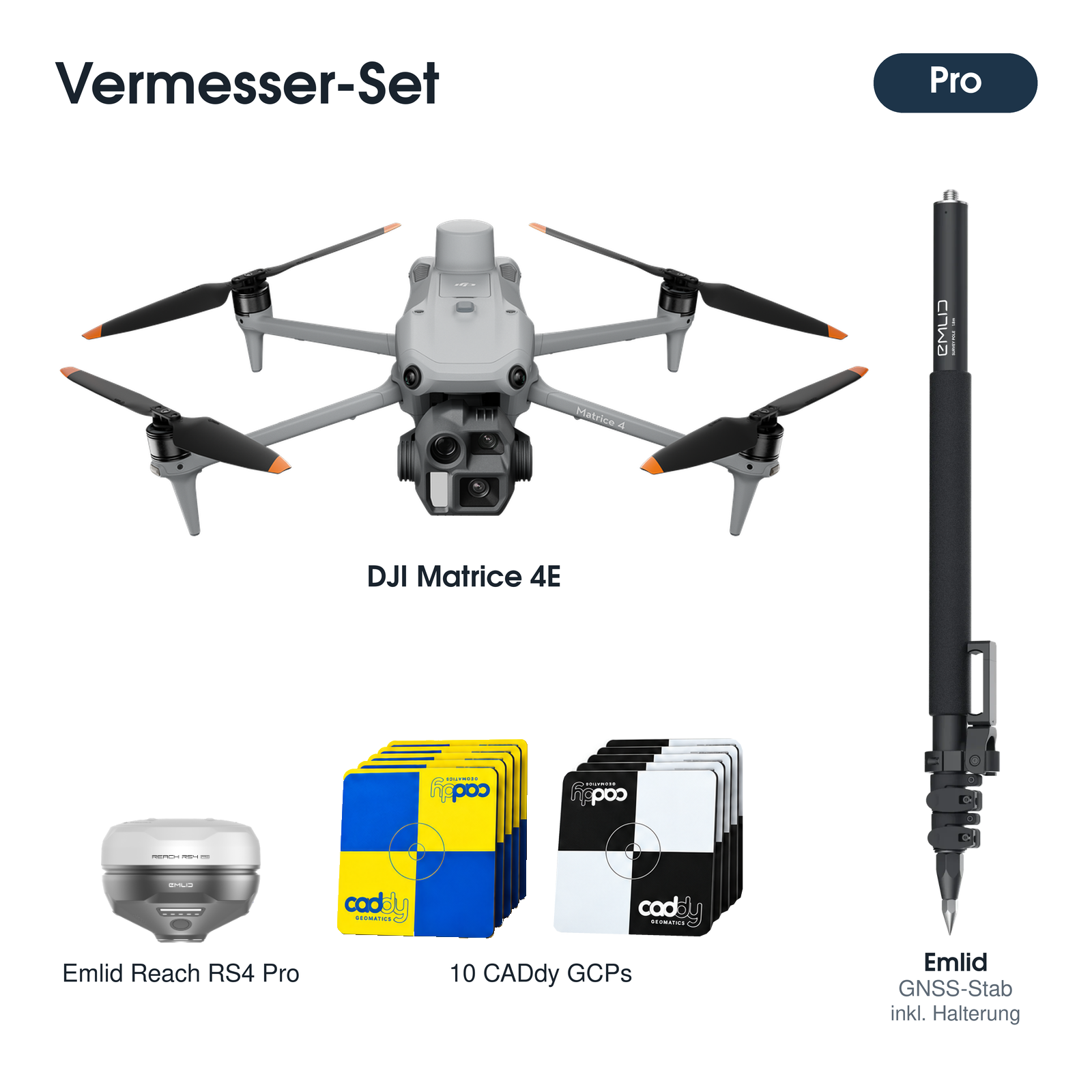Vermesser-Set Pro mit DJI Matrice 4E, Emlid Reach RS4 Pro, Emlid-GNSS-Stab und zehn CADdy-GCPs.