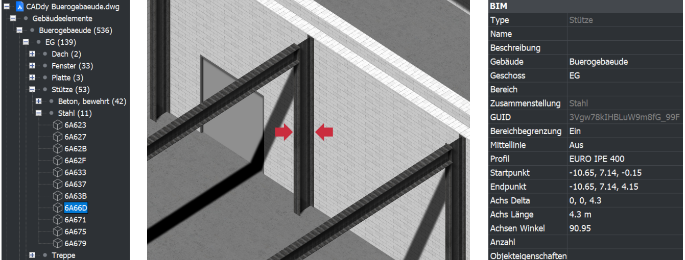 Stahlstütze in BricsCAD mit ihrer Zuordnung zur Gebäudestruktur und ihren BIM-Eigenschaften.