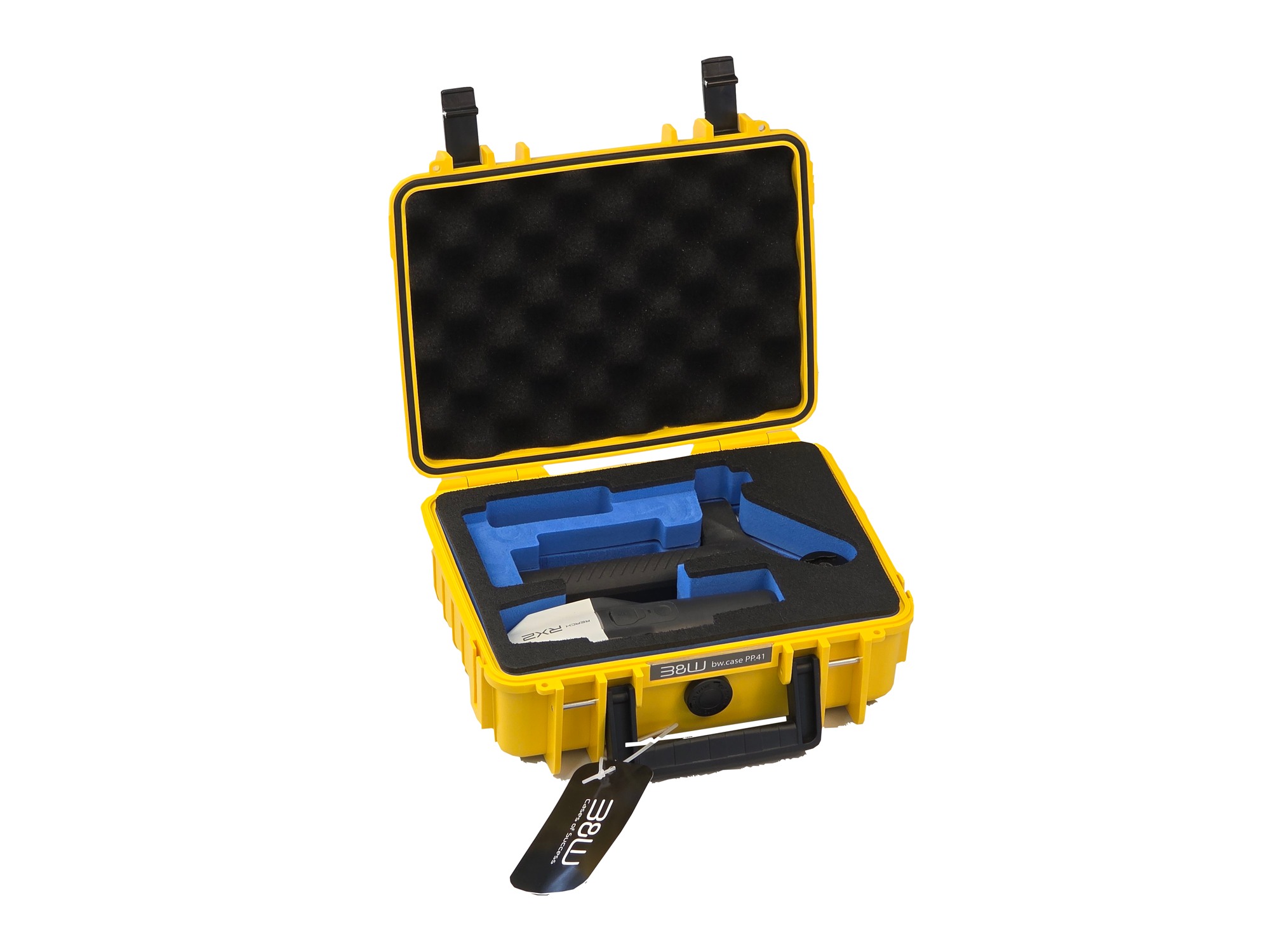 Geöffneter gelber Scanning-Koffer mit blauer Einlage, Emlid Reach RX2 und Scanning Handle