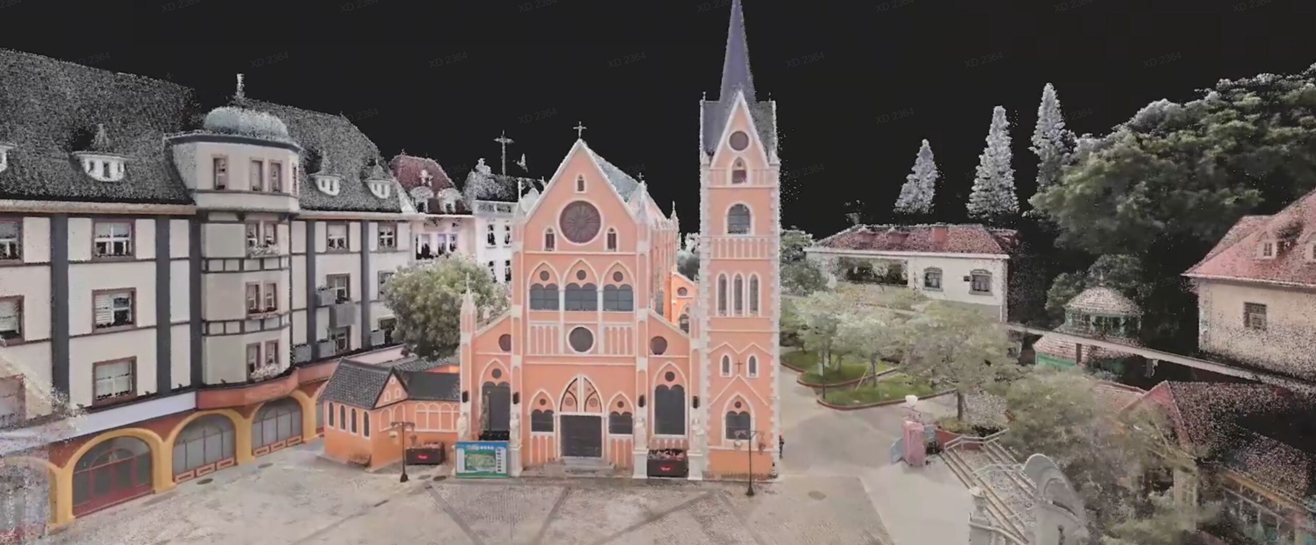 Farbige Echtzeitpunktwolke einer Straße mit Gebäuden aus einer Lixel-L3-Aufnahme